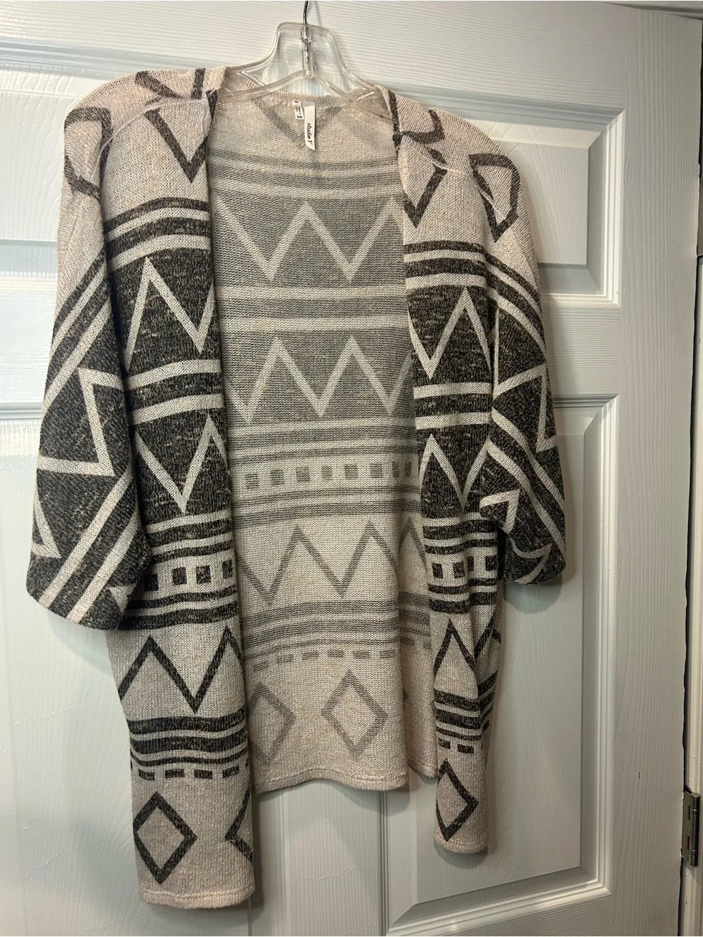 Studio Y S/M Geometric Open Front Cardigan Boho Aztec Knit Neutral Cozy Layer